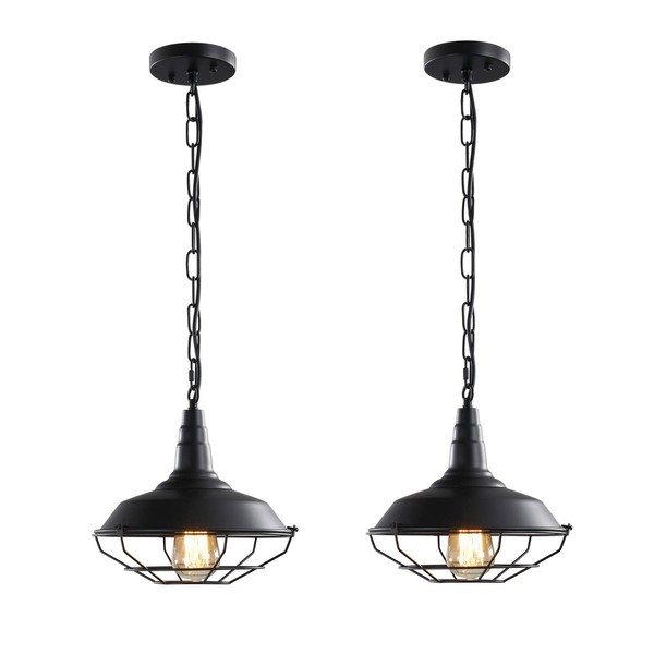 Karjearl Black Farmhouse Pendant Light - 2 Pack Industrial Vintage Hanging Light Fixtures Metal Wire Cage Pendant Lighting with Adjustable Chain for Kitchen Barn Hallway Porch Dining Room
