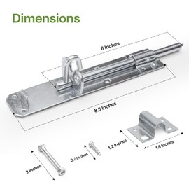 Galvanised Brenton Bolt Sliding Door Lockable Padbolt – 8" (202mm) Heavy Duty Zinc Plate Lock Pad Garden Shed Gate Latch Patio Door Security Gate Bolt Bedroom | Silver