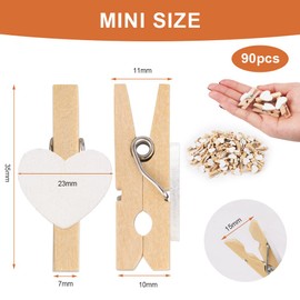 Vicloon Mini Wooden Pegs, 90pcs Mini Pegs, Small Wooden Pegs for Arts and Crafts, Tiny Pegs for Photo Wall Home School Wedding Decoration, Clips Photo Pins Heart Shape 3.5cm