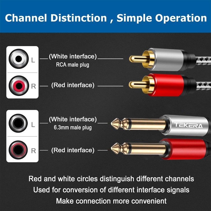 TEKERA Dual 1/4 Inch TS to RCA Stereo Audio Interconnect