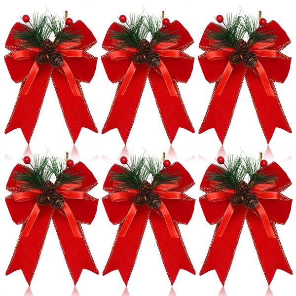 6 Pieces Christmas Buffalo Plaid Bow Checkered Ribbon Bow with Pine Cone Christmas Tree Decoration Bows for Christmas Parties Christmas Trees Indoor Outdoor Crafts(Red)