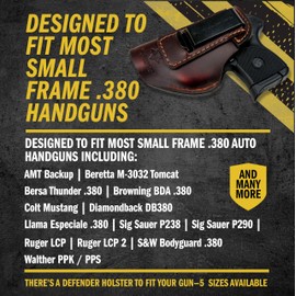 USA Made | Leather Holster for Concealed Carry | The Defender 2.0 | IWB Gun Holsters for Men & Women | Fits 9mm, 380, 40 or .45 incl. Glock 17 19 26 43 45 | Small Black Left Handed