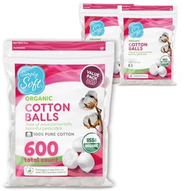 Simply Soft Bolitas de Algodón Orgánico Premium, 600 Unidades (3 Bolsas) 100% Algodón Puro, Certificado Orgánico, Hipoalergénico, Grandes, Suaves y Ab