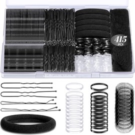 IKOCO Set De 415 Horquillas Para El Cabello, 200 Horquillas En Forma De U Y Ligas Elásticas Para El Cabello Con Redecilla, Color Negro.