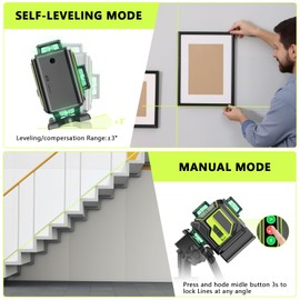 16 Line Laser Level 360 Self Leveling, 4x360°Professional 4D Green Cross Line laser Level with 2 Batteries, Adjustable Brightness & Remote Control, for Tiling Floor Construction and Picture Hanging