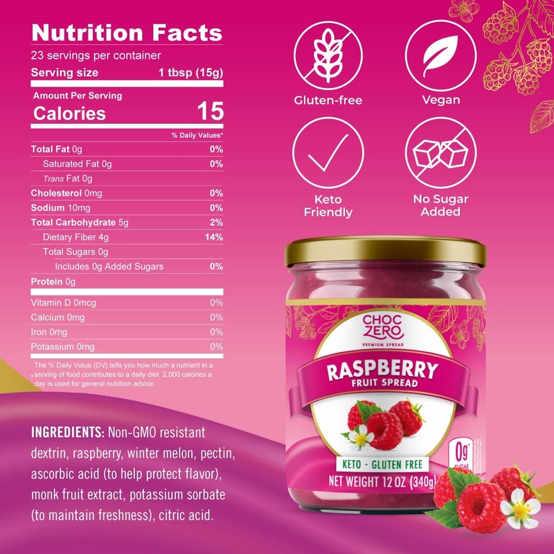 ChocZero Raspberry Jam Preserves, No Added Sugar, Keto Fruit Spread,