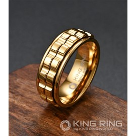 King Ring 8mm Wide Gear Spinner Ring – Ultra Polished Heavy Fidget Ring for Men & Women Stainless Steel Ring K42 – Gold 10