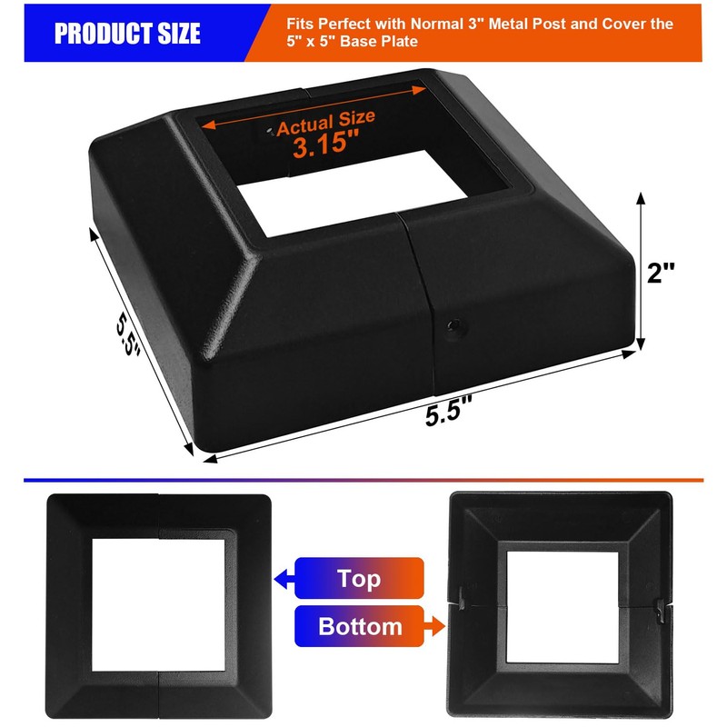 Aluminum Split Post Base Cover fit 3" Post, Decorative Square