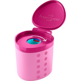 FABER-CASTELL 181795 - Temperino Grippy con protezione anti-taglio, temperino rosa con contenitore, per matite colorate con diametro di 17,8 mm