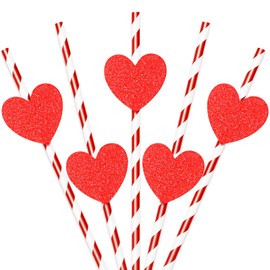 Whaline Valentine Paper Straws 60Pcs Metallic Red Drinking Straws with 60Pcs Glitter Red Heart Slices White Stripe Disposable Straws for Beverages Cocktail Wedding Birthday Party Supplies
