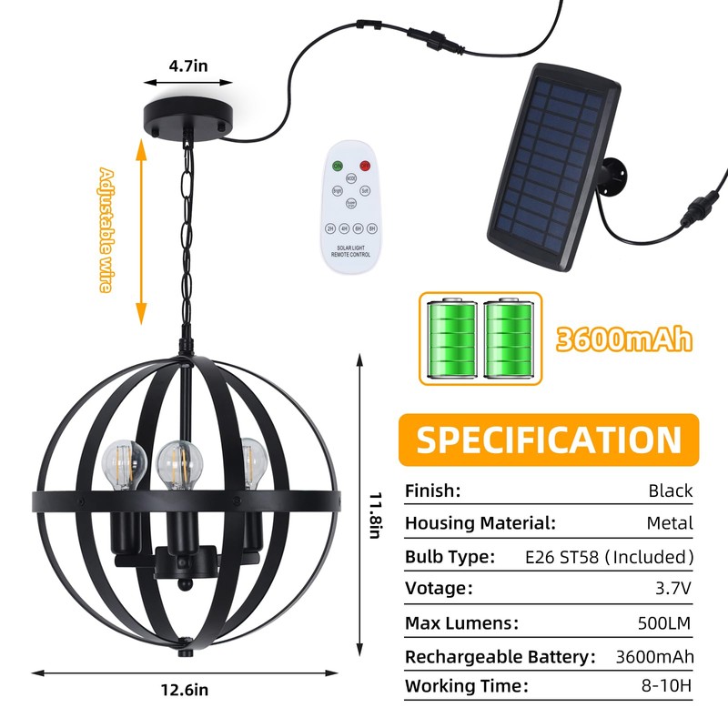 MOUFIER Solar Pendant Light,3-Light Globe Outdoor/Indoor Solar Chandelier,Black Metal Orb