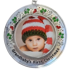 Grandbaby's First Christmas Ornament 2025 Christmas Tree Photo Ornaments for Grandparents Candy Canes, Mistletoe & Stockings Baby Picture Holder 3" Round Gift/Storage Bag Included