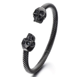 COOLSTEELANDBEYOND Unique Elastic Adjustable Mens Black Skull Cuff Bangle Stainless Steel Twisted Cable Bracelet Polished(CA)