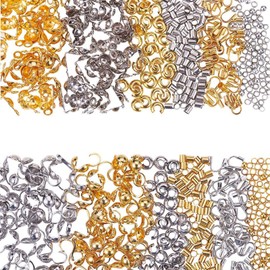 SUNNYCLUE 1 Box 640pcs Bead Tips Knot Covers & Crimp Beads End Tips & Fold Over Bead Terminators Crimp Caps & Wire Guardian Cable Protector & Tube Crimp Beads Jewelry Making Supplies, Silver & Golden