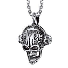 Bestyle Stainless Steel Large Vintage Celtic Skull Necklace Novelty Punk Skeleton with Headphone Pendant for Men High Polished with 22 Inches Spiga Chain