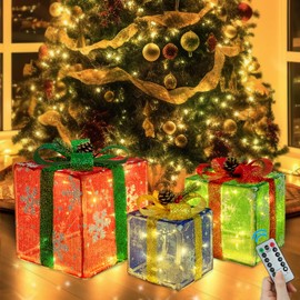 Nialnant 3PCS Christmas Lighted Gift Boxes, Christmas Decorations for Indoor Outdoor Christmas Tree Decorations,Christmas Tree Skirt Ornament