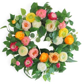 24" Spring Summer Wreaths for Front Door,Persian Buttercup Wreath, Austin Rose, Eucalyptus，Vivid Artificial Floral Wreath for Wall Window Farmhouse Party Holiday Home Décor