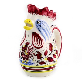 ORVIETO RED ROOSTER: Rooster of Fortune Pitcher (1 Liter 34 Oz 1 Qt) - Handpainted in Italy. Shipped from the USA with Certificate of Authenticity.