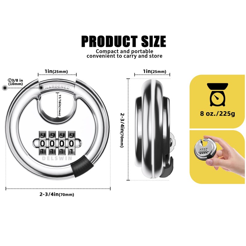 DELSWIN 4 Digit Combination Lock Disc Padlock with Hardened Steel