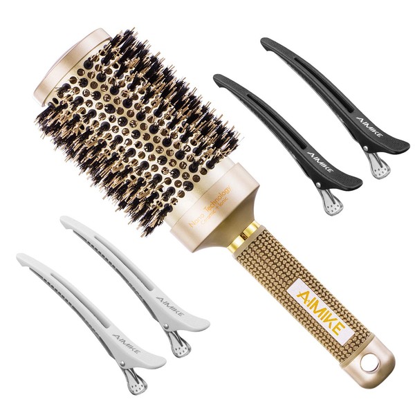 Round Brush, Nano Thermal Ceramic & Ionic Tech Hair Brush, Round Barrel Brush with Boar Bristles, Enhance Texture for Hair Drying, Styling, Curling and Shine (Barrel 2.1 inch) + 4 Free Clips by AIMIKE