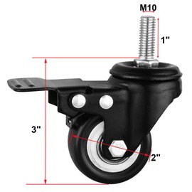 AAGUT 2" Caster Wheels,Heavy Duty Threaded Stem Casters,Screwed Bolt M10 x 25mm Locking Swivel PU Wheels with Brake,4 Pack Double Bearings No Noise Castors