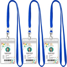 3 Pack Clear ID Badge Holder with Lanyard Blue Lanyards with Vertical Waterproof ID Badge Holder for Office, School, Travel