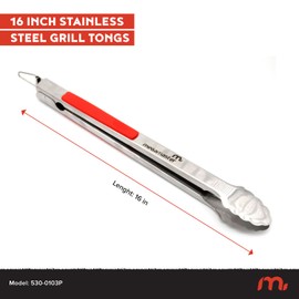 16" Extra-Long Stainless Steel Grill Tongs – Premium Locking BBQ Tongs for Grilling, Cooking, Barbecue, Tailgating – Easy Grip with Hanging Hook, Model 530-0103P