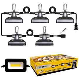 GT-Lite 50FT LED Work Light 50W 5000 Lumen Damp Rated Construction String Lights Linkable for Jobsite Lighting, 5000k Daylight White, ETL Listed (5 Light Heads)