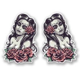 2 x 15cm Sugar Skull Vinyl Sticker Rose Face Lady Girl Zombie Laptop Car #5527 (10cm Wide x 15cm Tall)