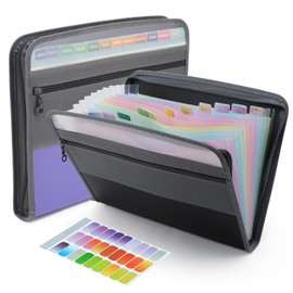 NAFY Accordion File Organizer, 13 Pockets Expanding File Folder with Zipper, A4 Letter Size Portable Accordion Expanding File Folders with Multicolor Labels for Office School Supplies (Black+Lavender)