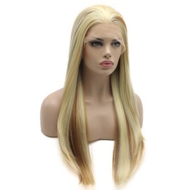 Lushy Straight Long 24inch Silk Three Tone Auburn Blonde Mix Heat Friendly Heavy Density Synthetic Lace Front Wig