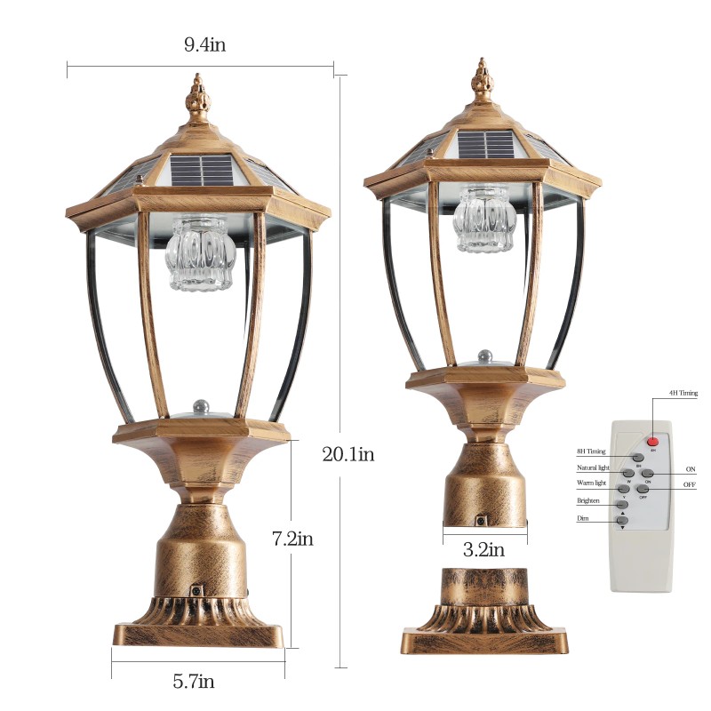 Retro Solar Pillar Light 120LM Dual Color 3000K/6000K Aluminum Glass
