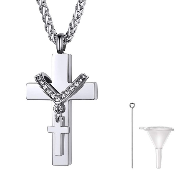 Richsteel Double Cross Cremation Necklace, 2 Crucifix Pendant & Resizable