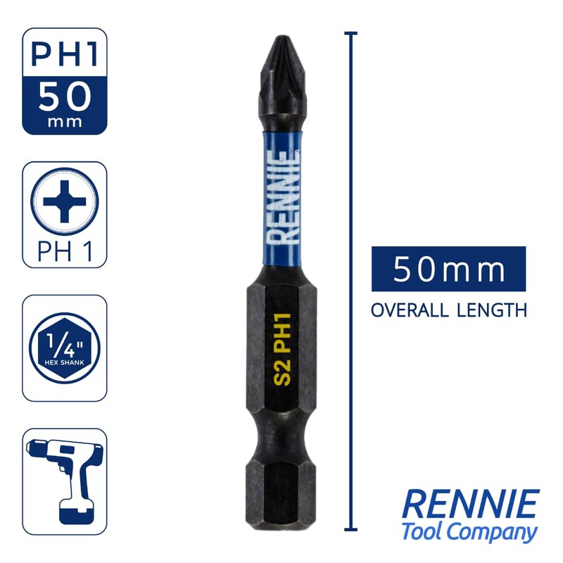 10 x Rennie Tools 50mm Long PH1 Impact Screwdriver Driver