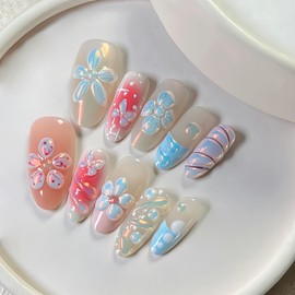 PBPCGBW 30Pcs Medium Almond French Tip Fake Nails with 3D Flowers, Butterflies, Rhinestones & Glitter Design - Full Cover Pink Gradient Acrylic Nails - 24pcs Summer Press On Nails Set