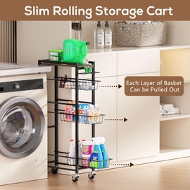 PAPAGIFTREE 4 Tier Slim Rolling Storage Cart with Pull-Out Baskets, Narrow Sliding Storage Slim Laundry Rolling Cart Between Washer and Dryer
