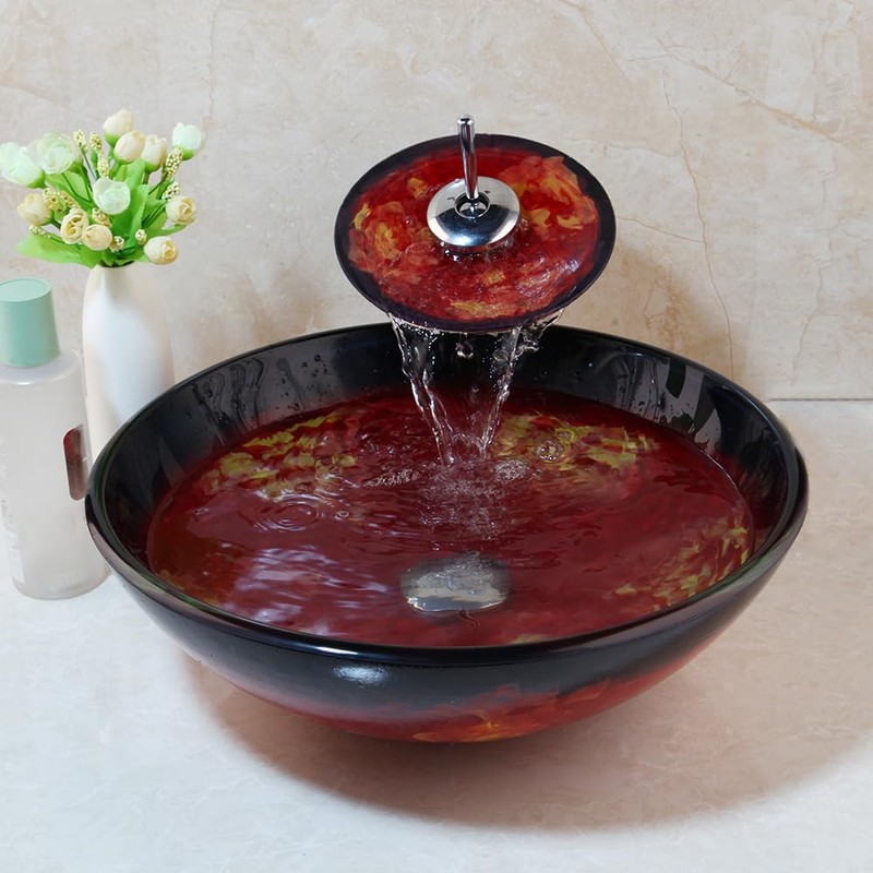 HM HomeMieco Red Glass Vessel Sink with Faucet and Drain