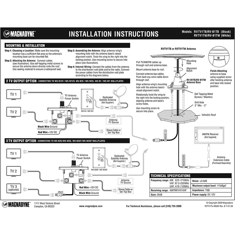 RV Omni Directional Amplified TV/AM/FM Antenna & Distribution Plate -