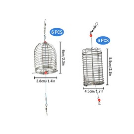 Kellegour Pack of 12 Stainless Steel Bait Cage, Feeder Basket, Stainless Steel Cage, Bait Cage, Metal Feeder Basket, Oval and Cylindrical, for Fish Pond Carp Fishing Accessories