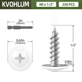 #8 x 1/2" (250 PCS) White Head Modified Truss Head Wood Screws, Phillips Drive Fast Metal Self Tapping Screws, Carbon Steel, Full Thread, Screwdriver Bit Included