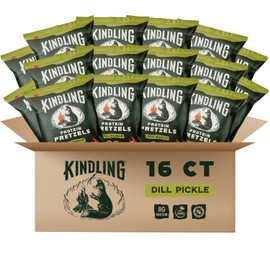 Kindling Protein Pretzels - Dill Pickle | Protein-Packed Snack Size Bags | Kosher | 8g Protein Per Serving | Only 1-2g of Total Sugar | No Artificial Flavors, Soy-Free | Lunches, Office Snacks, & On-the-Go | 16-Count (1.06oz Bags)