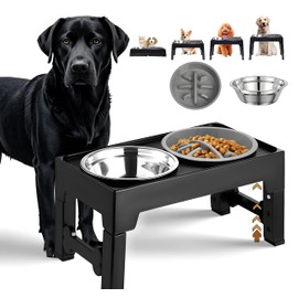 6-in-1 Elevated Dog Bowls, Slow Feeder Dog Bowl with Stainless Steel Food Bowl & Large No-Spill Water Bowl, Water Collection, 4 Heights Adjustable Raised Dog Bowls Stand Small Medium Large Dogs