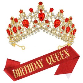 VELSCRUN Birthday Crowns for Women, Birthday Sash and Tiaras for Women, Happy Birthday Queen Sash, Red Crowns for Women, Birthday Accessories for Women, Birthday Decorations for Women
