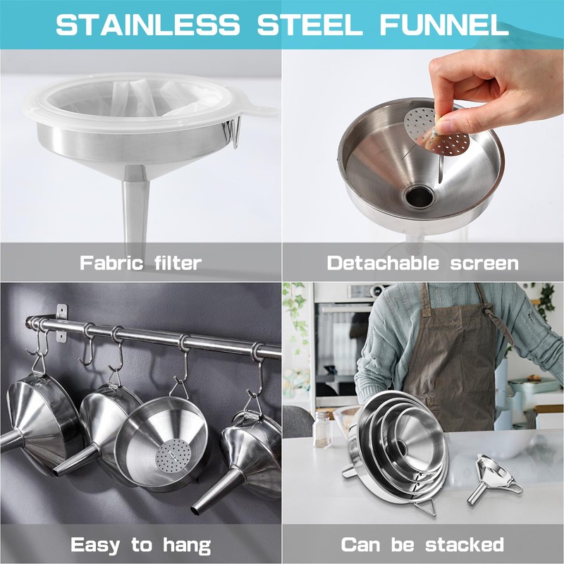 Gucass 9-Piece Stainless Steel Funnel Set, Kitchen Funnel with Handle,