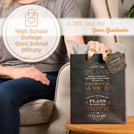 Christian Art Gifts Medium Portrait Scripture Gift Bag, Tag & Wrapping Tissue Paper Set for Men, Women, Grads: I Know the Plans Inspirational Bible Verse for Graduation, Satin Handles, Black/Gold/Gray