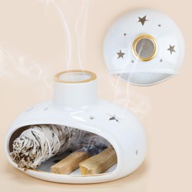 ZenBless 3 in 1 Incense Holder for Palo Santo Sticks Sage Bundles Cone Incense, Handcrafted Ceramic Incense Burner Holder Ash Catcher with Chimney, Smudge Bowl for Yoga Meditation Room (Star)