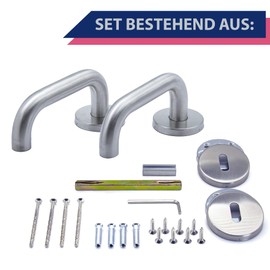 APECS Door Handles Door Handle Set Room Doors Inox Door Handle for Front Door and Interior Doors Door Fitting Round Rosette Set Stainless Steel Matt U-Model H-0203+BB Silver