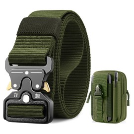 BESTKEE Tactical Belt, 1.5" Military Work Belt, Heavy Duty Nylon Black Belt with Quick Release Metal Buckle, Gift with Tactical Molle Pouch and Hook for Outdoor Hunting, Green