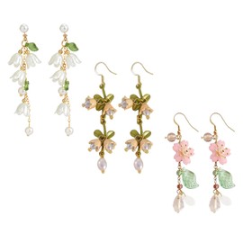 3 Pairs Long Flower Dangle Earrings for Women,Flower Tassel Earrings,Pearl Floral Drop Earrings,Cherry Blossom Bride Wedding Jewelry