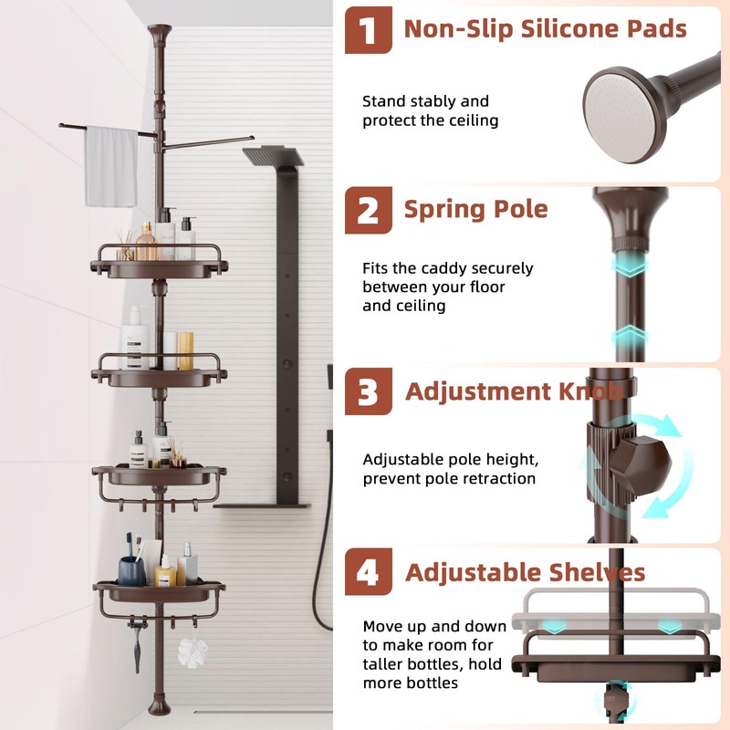 32-122inch Corner Shower Caddy Tension Pole Brown, Rustproof Drill-Free Shower